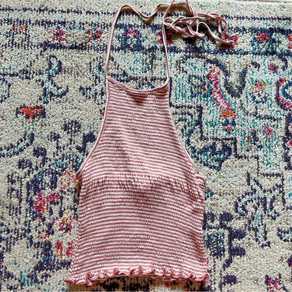 Heart & Hips Striped Ribbed Halter Top Pink White Size Medium